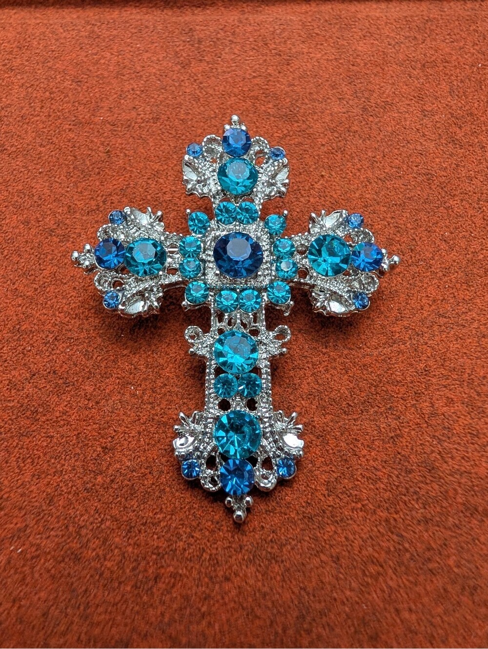 Large Blue Rhinestone Silver Tone Cross Brooch Pin Pendant NEW